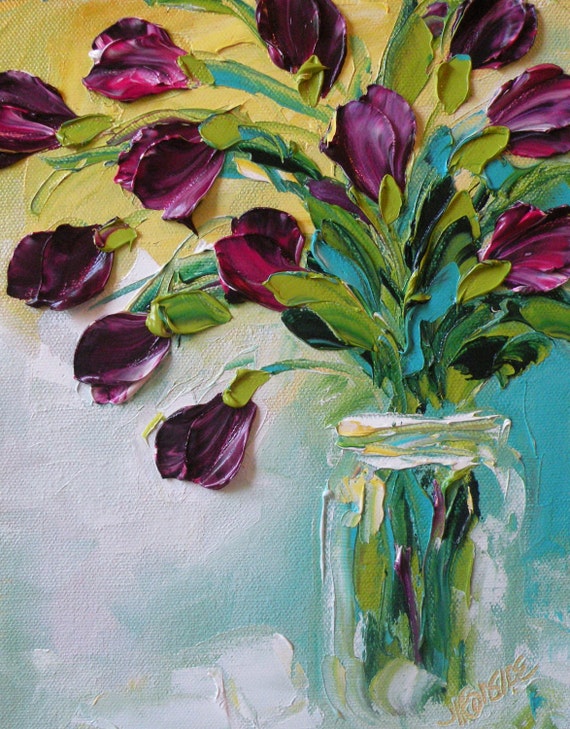 Original Oil Painting Purple Tulips Impasto Palette Knife Oil