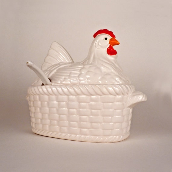 Vintage Chicken Soup Tureen with Lid Ladle Ceramic Basket Bowl