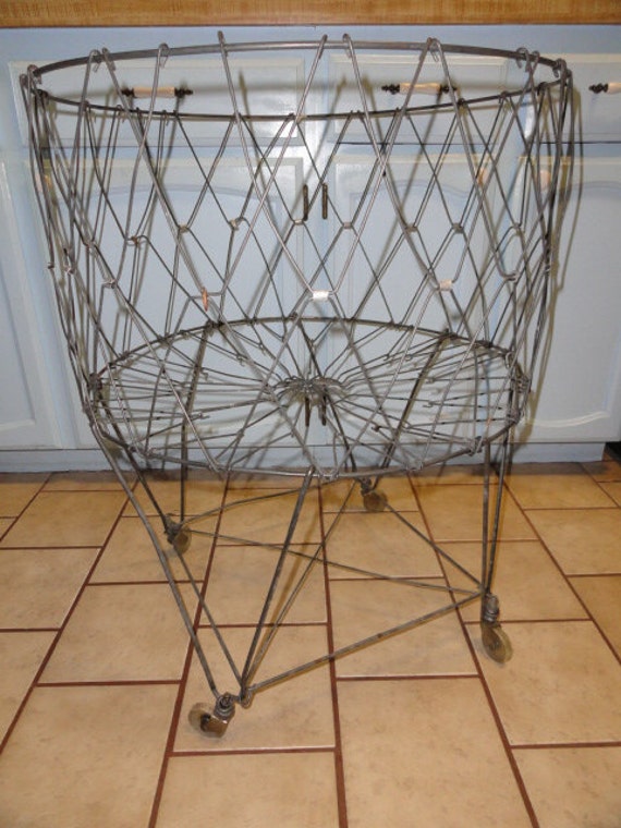 Vintage Metal Laundry  Cart Basket  Wheels Folding  Rolling