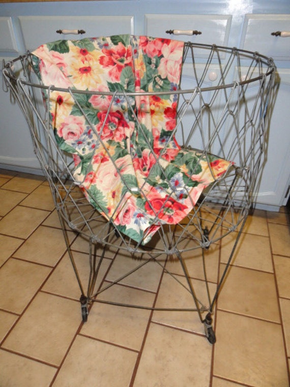 Vintage French Wire Laundry Basket Rolling Industrial Metal