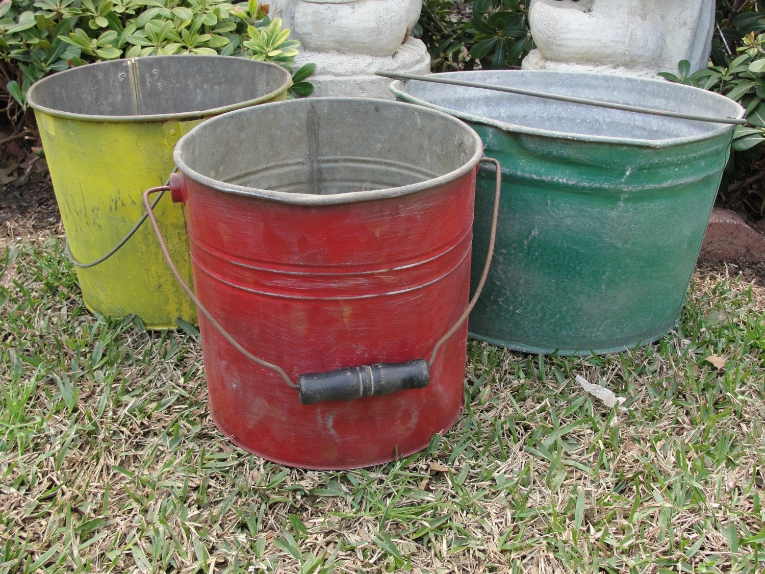 Vintage Metal Bucket Pail Red Galvanized Industrial Spring