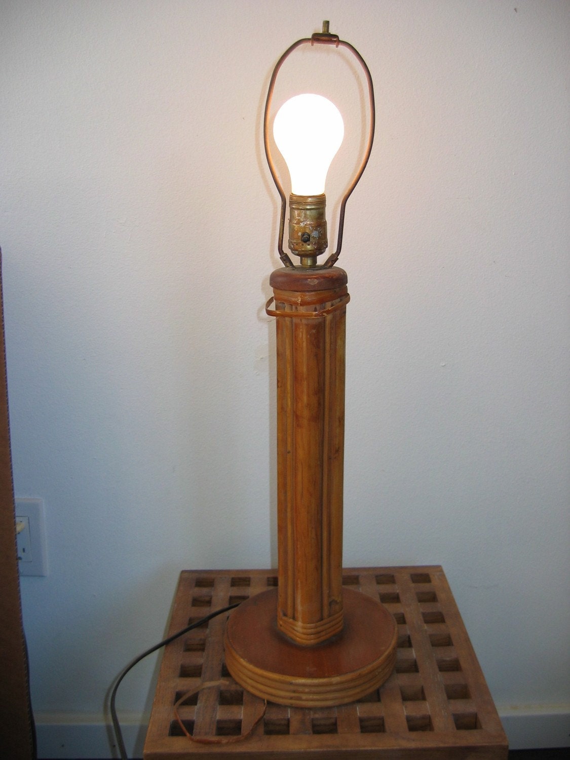 Vintage Rattan LAMP. Bamboo Rattan Hawaiian lanai light.