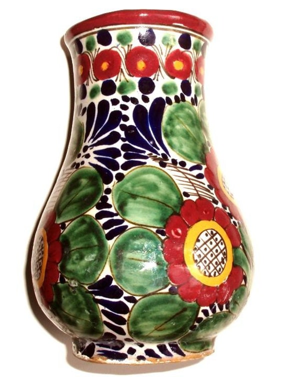 MEXICAN FOLK ART Vase hand painted Talavera pottery Vintage