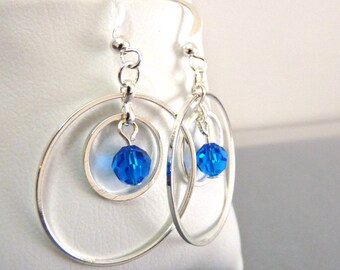 Silver Circle Earrings w/ Sapphire Blue Sparkle