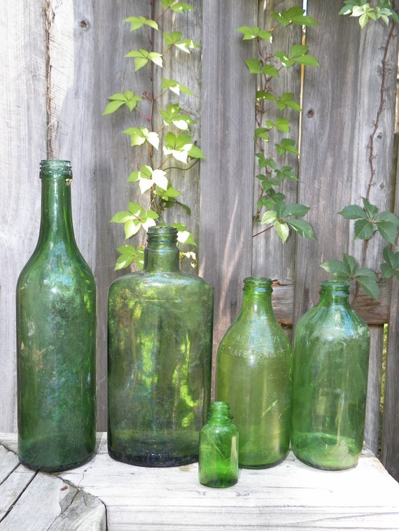 Download Lot Of Vintage Green Glass Bottles Set Of 5 Mixed