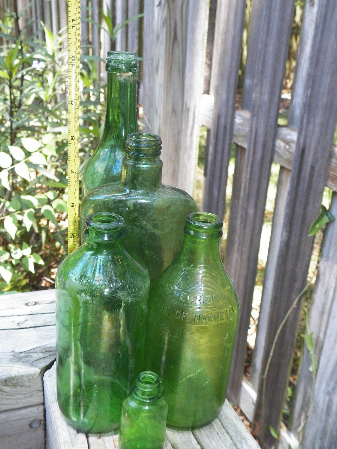 Lot Of Vintage Green Glass Bottles Set Of 5 Mixed