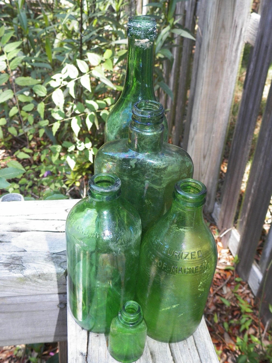 Lot Of Vintage Green Glass Bottles Set Of 5 Mixed