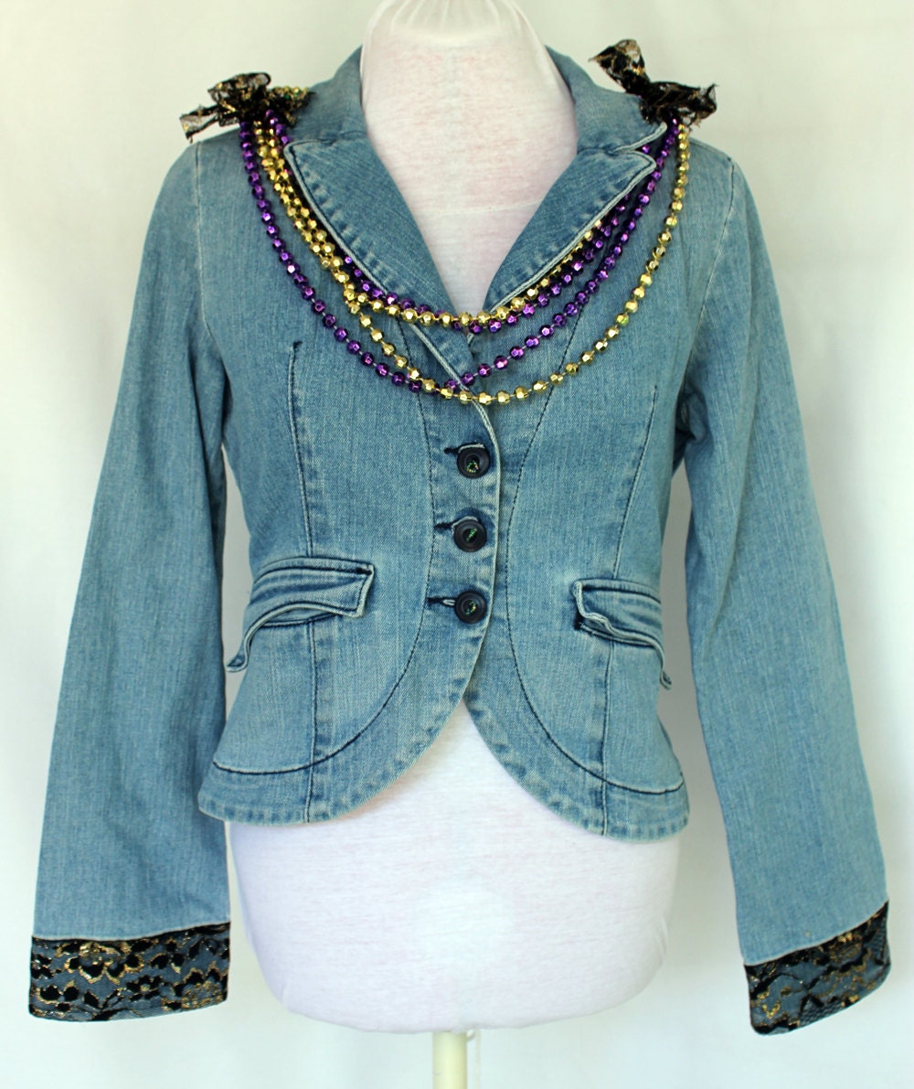 Mardi Gras Upcycled Denim Jacket Black Gold Lace One of a