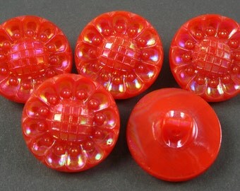 Vintage Czech Glass Buttons - 5 Orange Glass with AB