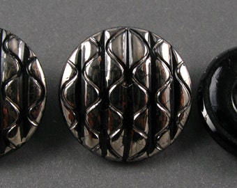Vintage Czech Glass Buttons - 3 black with silver metallic