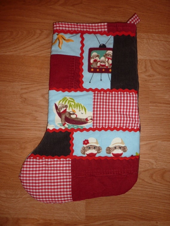 Sock Monkey Christmas Stocking Repurposed fabrics Upcycled