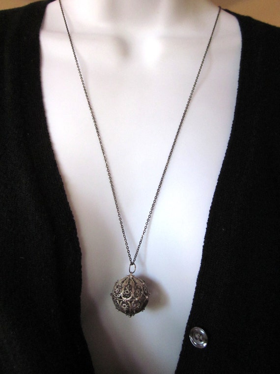 Vintage Silver Filigree Ball Pendant with Sterling Chain
