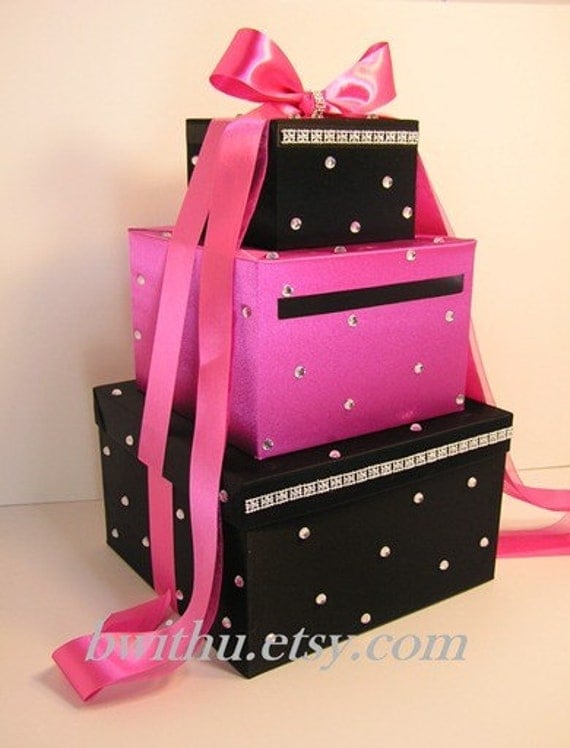 Black and Hot pink Wedding Card Box Gift Card Box Money Box  Holder--Customize in your color/made to order