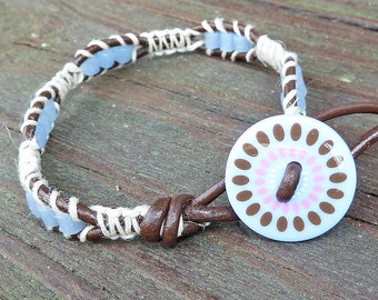 Periwinkle Bracelet - Blue Mod Button, Periwinkle Recycled Glass Beads, Brown Leather