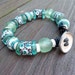 Teal Recycled Glass Bracelet - Black Leather Bracelet, Spotted Black Beads, Chunky, Spring Theme