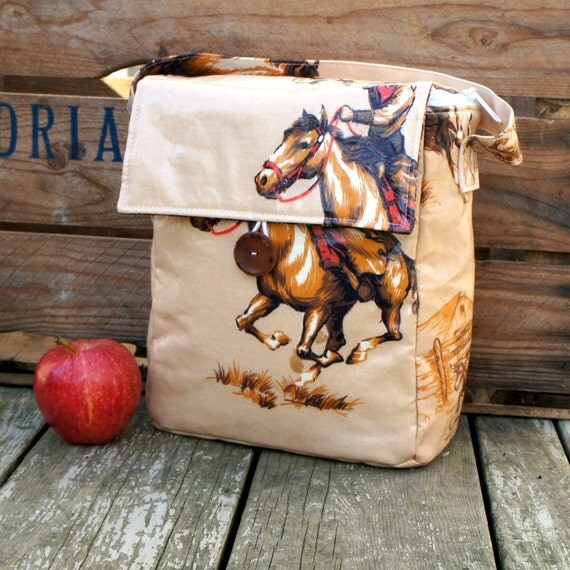 INSULATED Lunch Bag Tall Box in Vintage Cowboy with by uhreusable