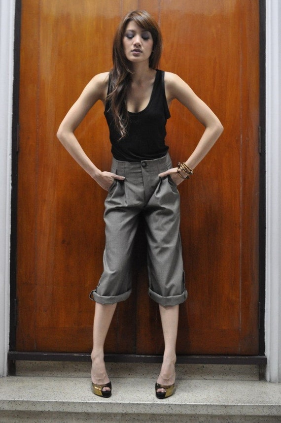 Items similar to Khaki Capri Pants High Waist Trousers Wide Leg Beige