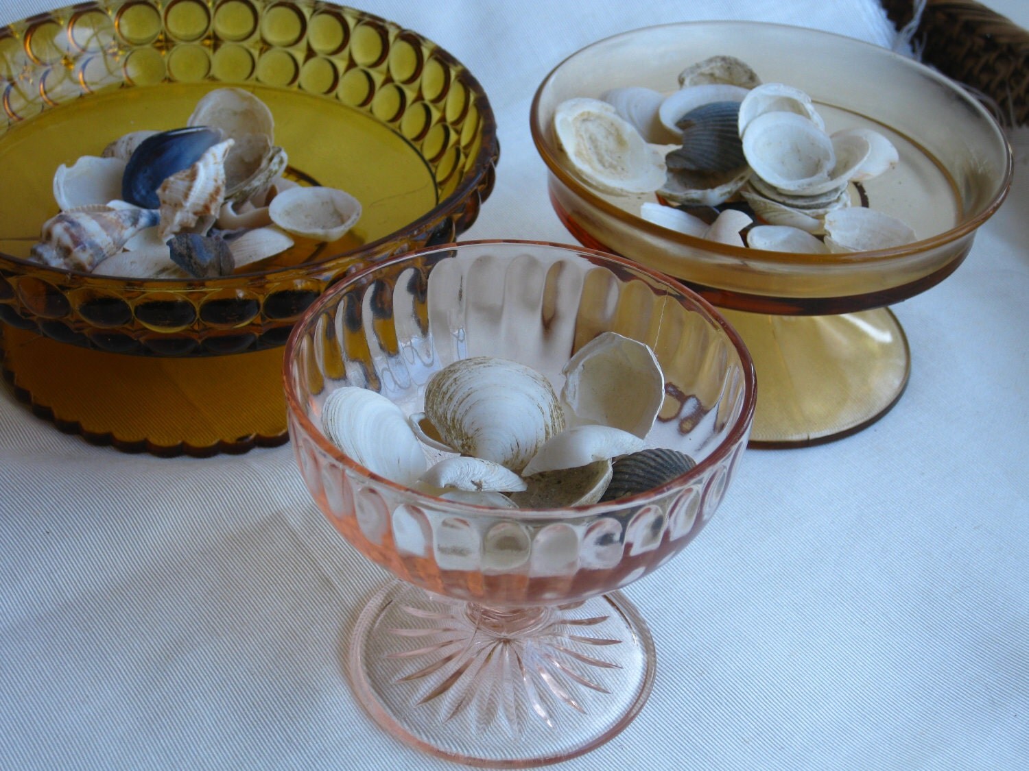 Pedestal Trio Colored Glass Compote Dishes by maggiemaevintage