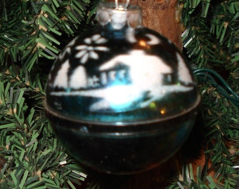 Vintage Christmas Ornament, Season's Greetings, Mid Century Holiday Decor, Plastic, Stenciled, Blue (740-10)