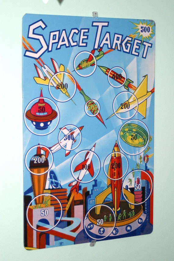 Vintage Tin Space Target Toy With Beautiful Litho Futuristic