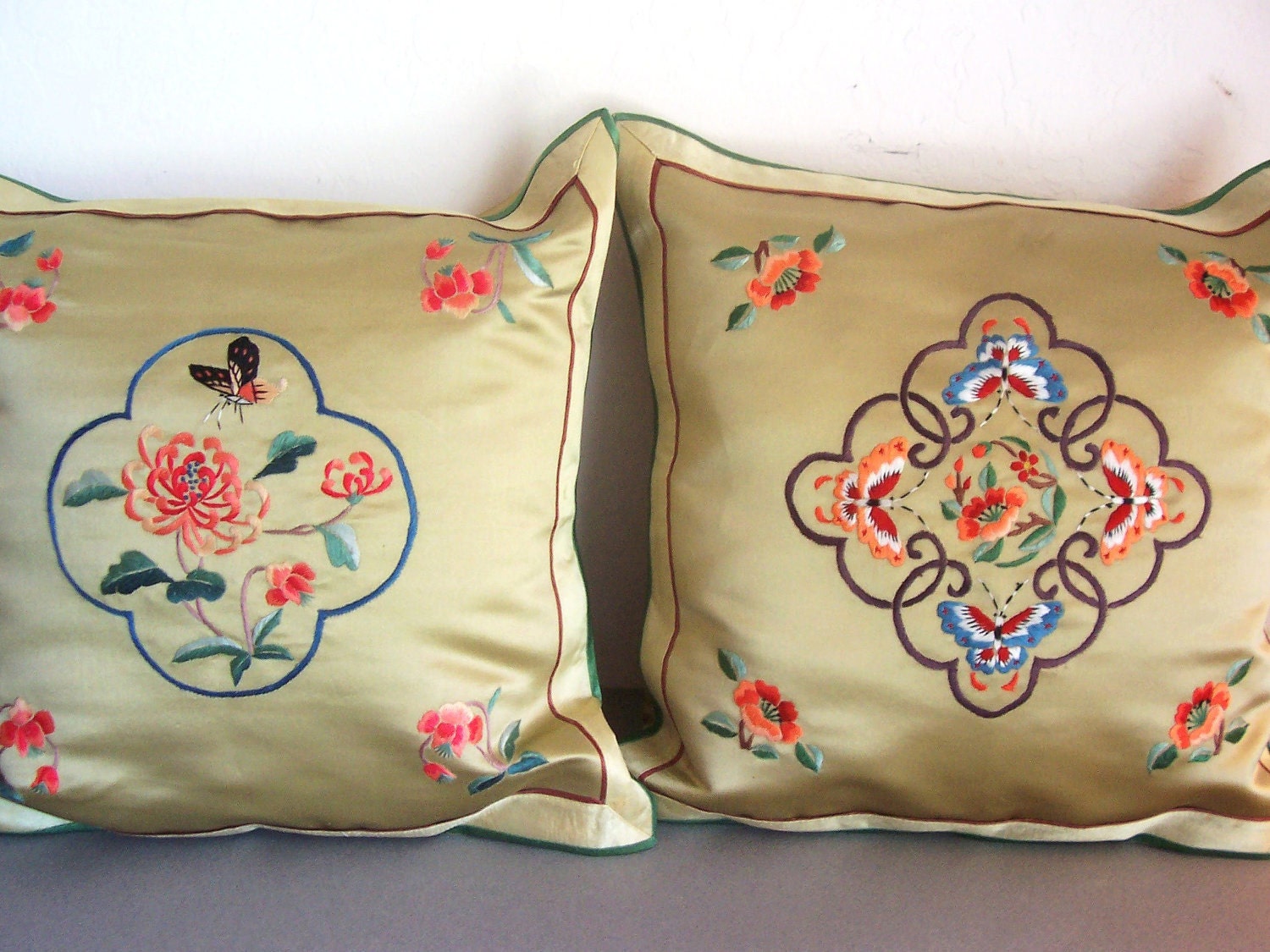Vintage Chinese Silk Embroidered Throw Pillows by ClairesFaire