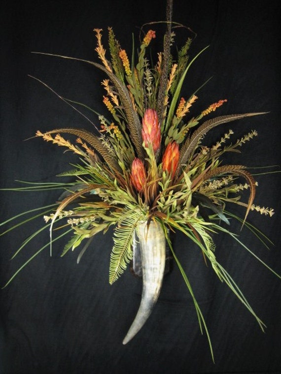 Red Repens Feather Wall Horn Floral Arrangement by tapestryoflife