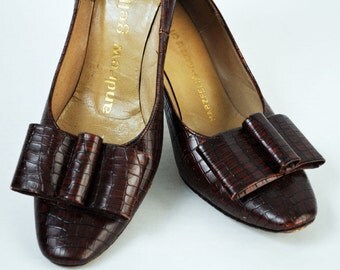 50s Vintage ALLIGATOR Shoes  Womens Brown Leather Pumps  Big Leather ...
