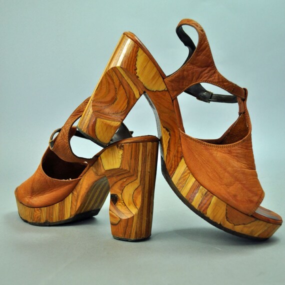 Outrageous Wood Platform Heels Vintage 70s Hip and Mod Leather