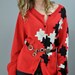 vintage 80s CARDIGAN SWEATER / womens cardigan sweater w/ artsy geometric puzzle pieces design / red knit sweater S / M