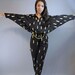 80s womens jumpsuit BLACK JUMPSUIT / Batwing Sleeve DISCO harem jumpsuit w/ Gold Metallic S / M small / medium