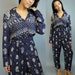 vintage 80s womens JUMPSUIT / Indigo PAISLEY Ethnic Harem Jumpsuit Pants / slouchy bodice & sheer crinkled fabric S / M