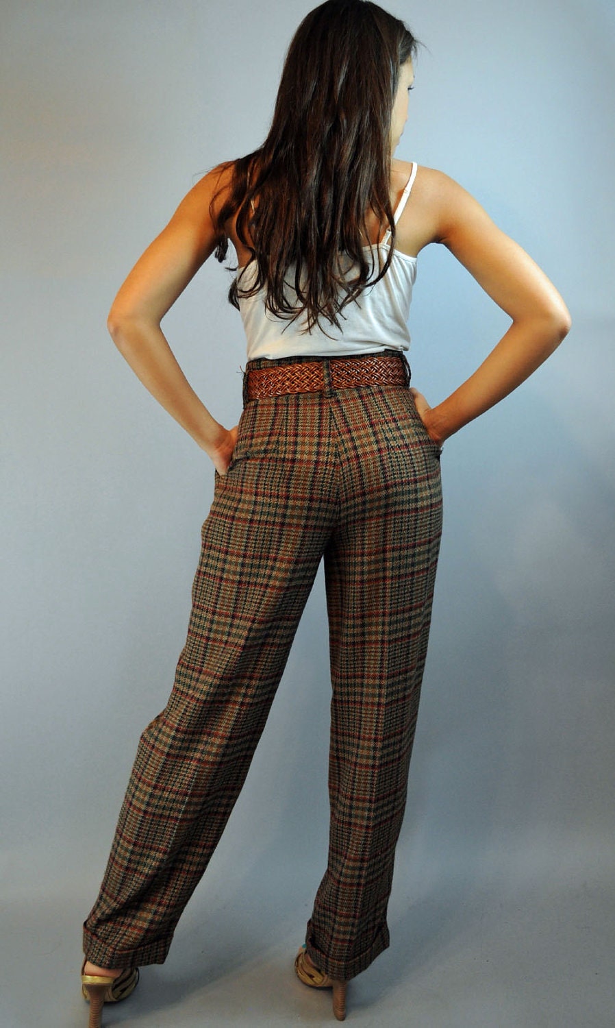 80s HIGH WAISTED pants plaid pants Pleated Front w/ taper