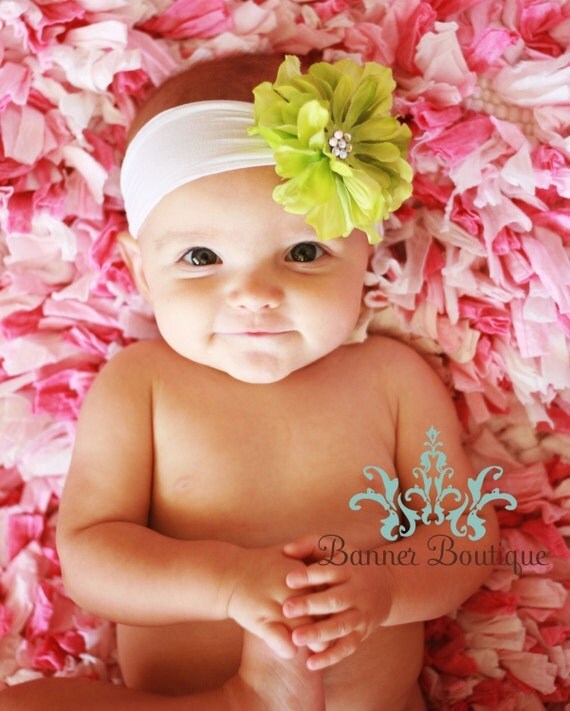 Items similar to Lime Green Flower Headband, Newborn Headband, Soft