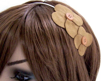 Floral Fascinator Headband - Skinny Metal Headband w/ Rust Flowers & Button Centers