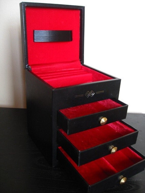 Vintage Black Jewelry Box with Red Velvet Lining.
