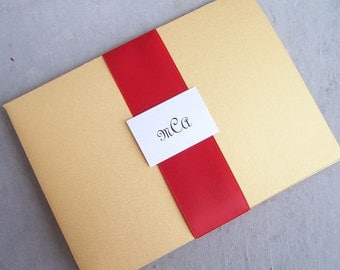 Gold pocketfold wedding invitation, gold, metallic invitation, red invitation, pocket fold invitation
