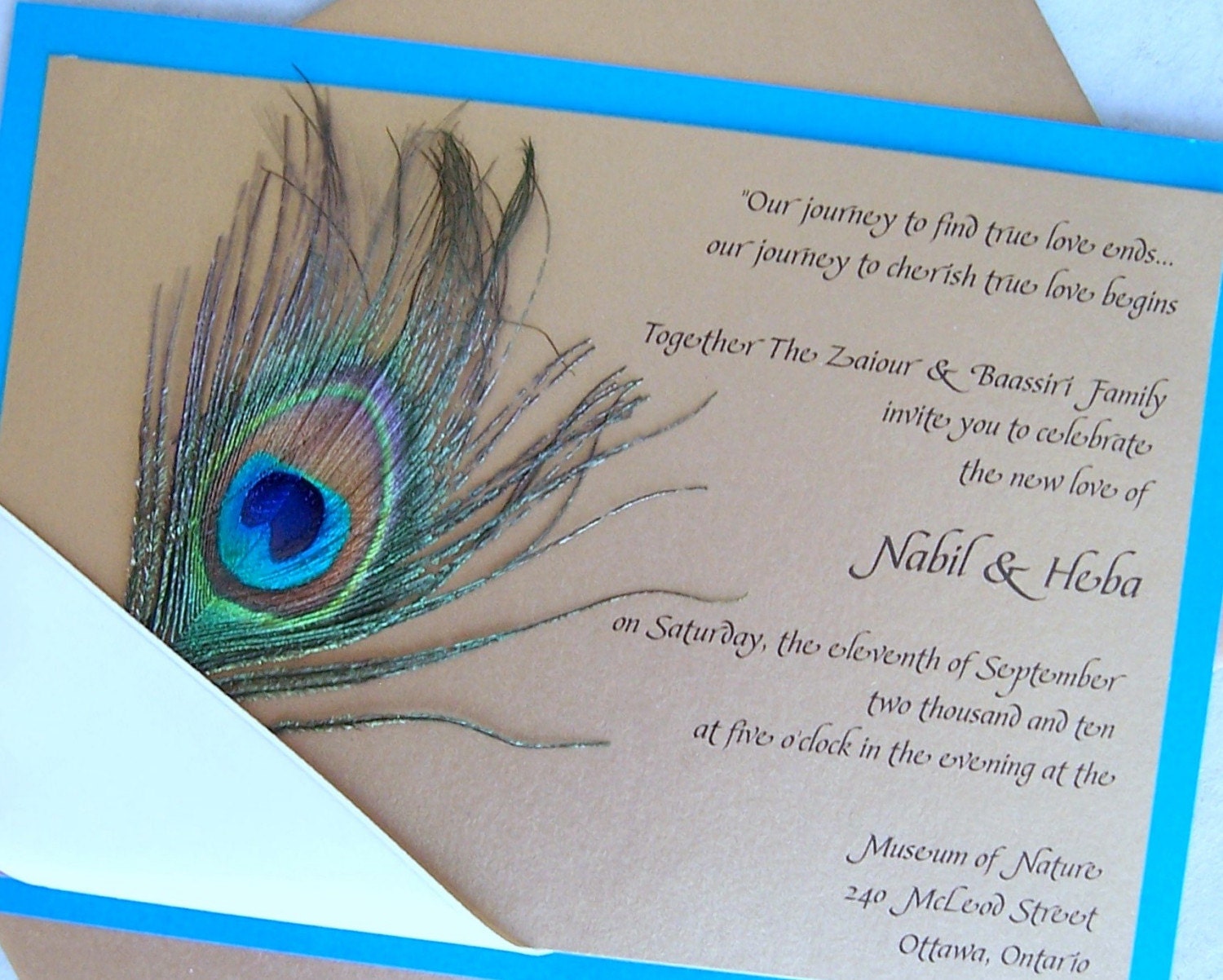 Peacock wedding invitation gold teal aqua ribbon navy