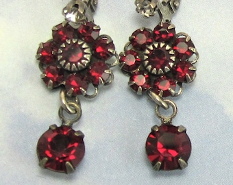 Ruby Red Earrings Swarovski Rhinestone Flower and Swarovski Drop Earrings