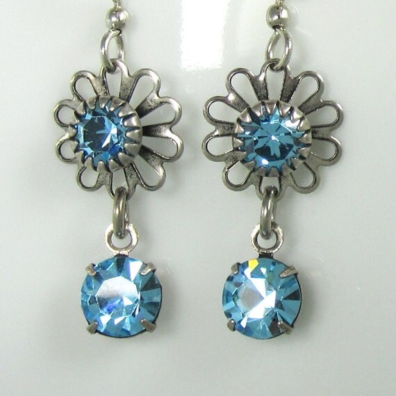 Blue Swarovski Crystal Drop Earrings Antique Silver Daisy
