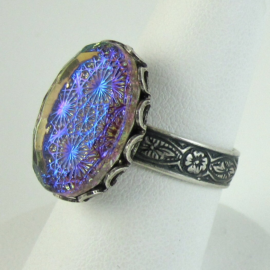 Blue Glass Starburst Opal Cocktail Ring with Adjustable Silver