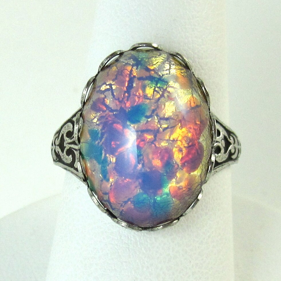Pink Opal Ring Vintage Glass Stone Silver Adjustable Band
