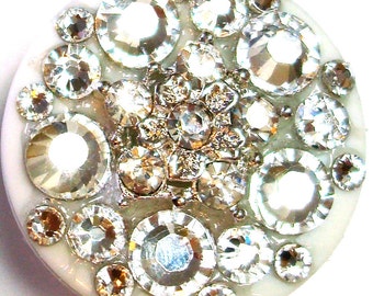 Clear Rhinestone Button and Swarovski Crystal Embellished Id Badge Reel