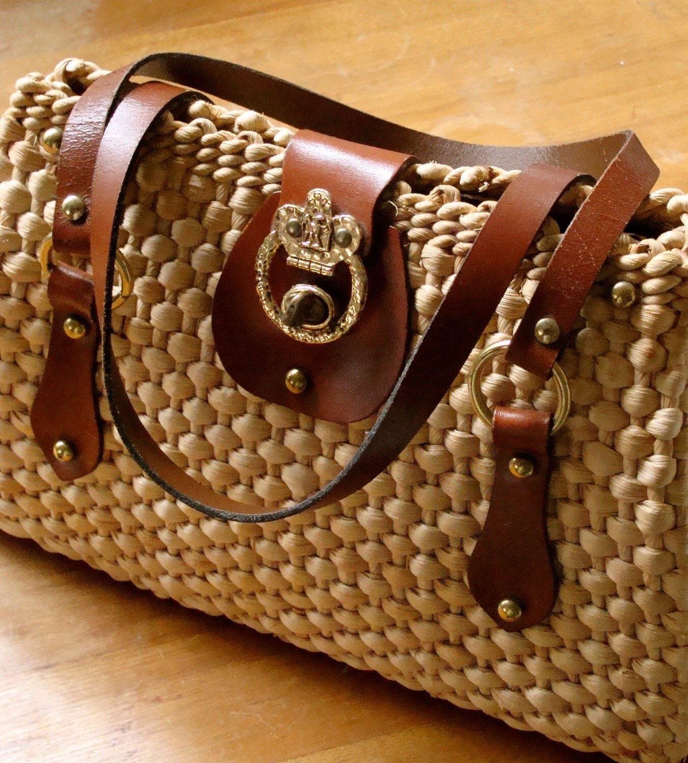 Vintage Woven Straw Handbag With Leather And By Pomergranatepeach 8992