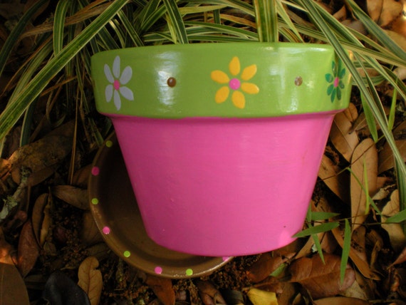 Hand Painted Flower Pot Pink Green and by HappyMooseGardenArt