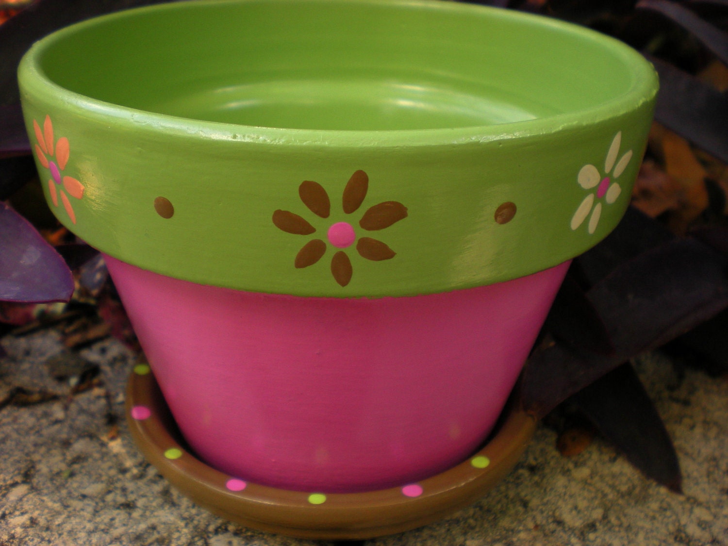 Hand Painted Flower Pot Pink Green And Brown