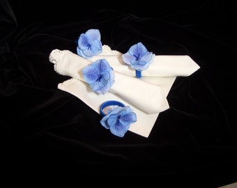 Blue Hydrangea Napkin Rings, Wedding Table Decoration, Set of 4