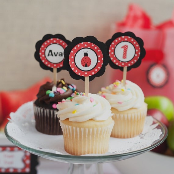 Ladybug Birthday Decorations - Ladybug Cupcake Toppers - Ladybug Theme Birthday Decorations - Ladybug Party Decorations in Red and Black Il_570xn