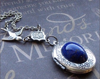 Silver Oval Locket Necklace- Enchanted Lapis Lazuli - Jewelry by TheEnchantedLocket - LOVELY Bride Mother Wedding Gift
