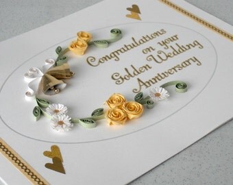 50th anniversary card, golden wedding, quilled, paper quilling