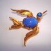 Bird Jewelry with Blue Glass Scarab Rhinestone Brooch Gold Tone